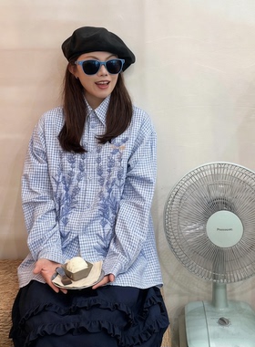 「正确版」复古蓝色花卉印花长袖衬衫男女秋季时尚文艺格子衬衣