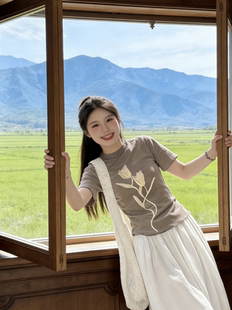 百搭设计感灰色上衣潮 新款 韩系立体郁金香网纱拼接短袖 t恤女夏季