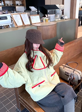 现货 韩系复古撞色棉服女冬季新款宽松显瘦百搭加厚保暖棉衣外套