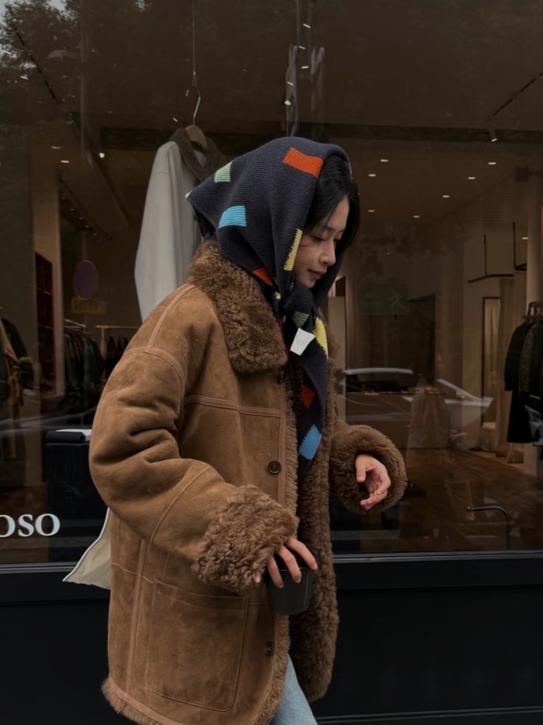 韩系复古羊毛彩色方块针织大三角巾围巾围脖秋冬加厚保暖百搭披肩