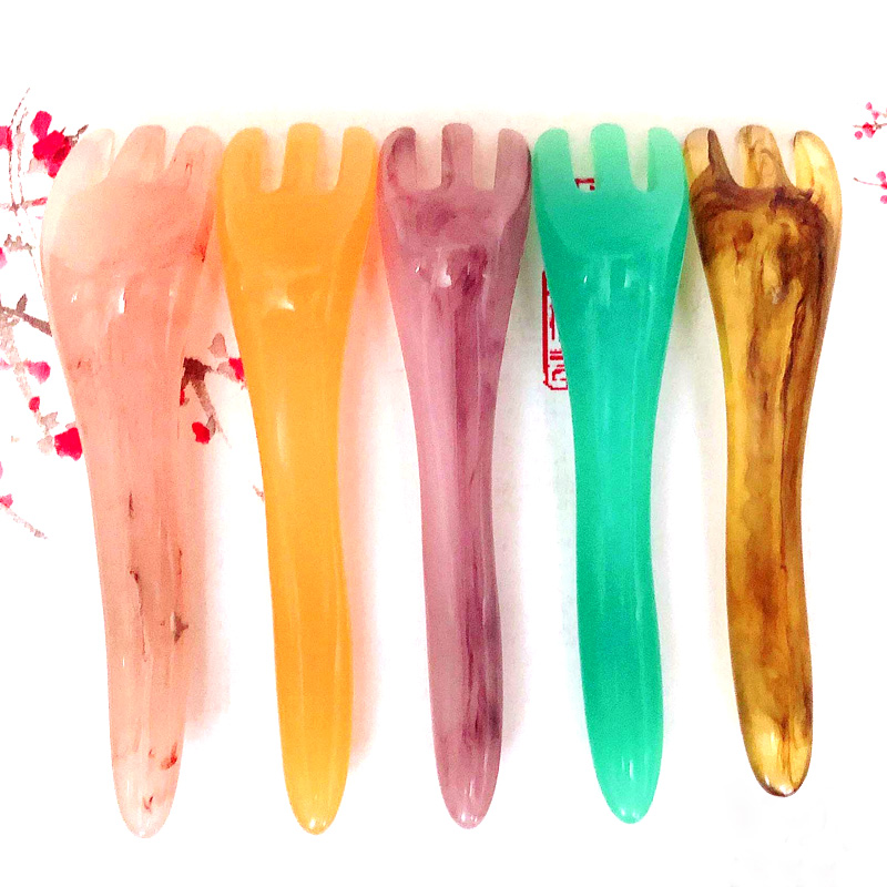 美容院专用蜜蜡头部按摩器三爪按摩刷树脂刮痧板三叉梳子头疗梳