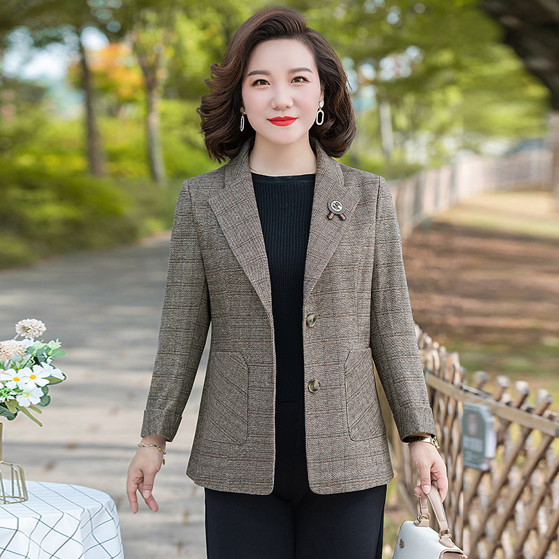 小西装外套女春秋季2025新款休闲时尚显瘦短款妈妈装格子小西服