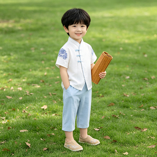 中国风儿童唐装男童汉服夏季2026新款短袖套装宝宝高端古装两件套
