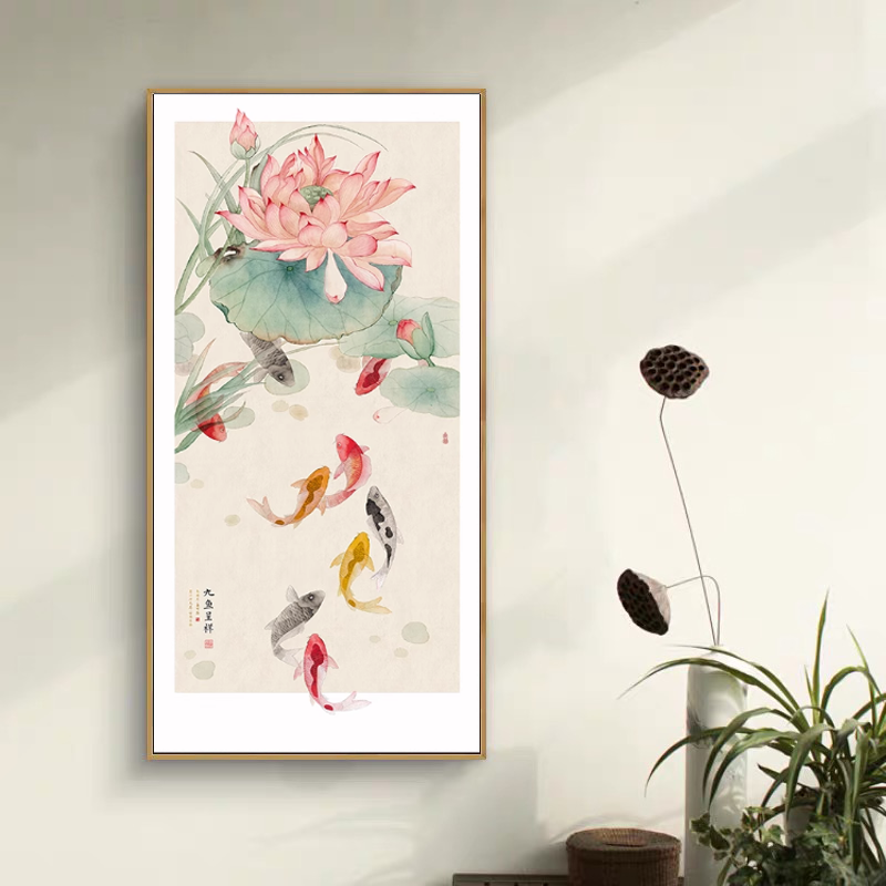 聚财九鱼图荷花装饰画新中式好寓意入户玄关挂画牡丹书房茶室壁画图片
