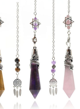 复古龙柱天然水晶12切面锥形灵摆吊坠 配捕梦网梅尔卡巴灵摆链