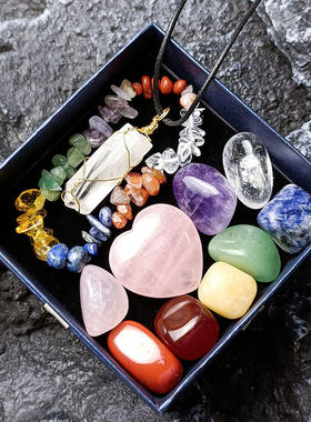 chakela水晶玉石大百科组合套装粉晶爱心六角柱吊坠件查克拉礼盒