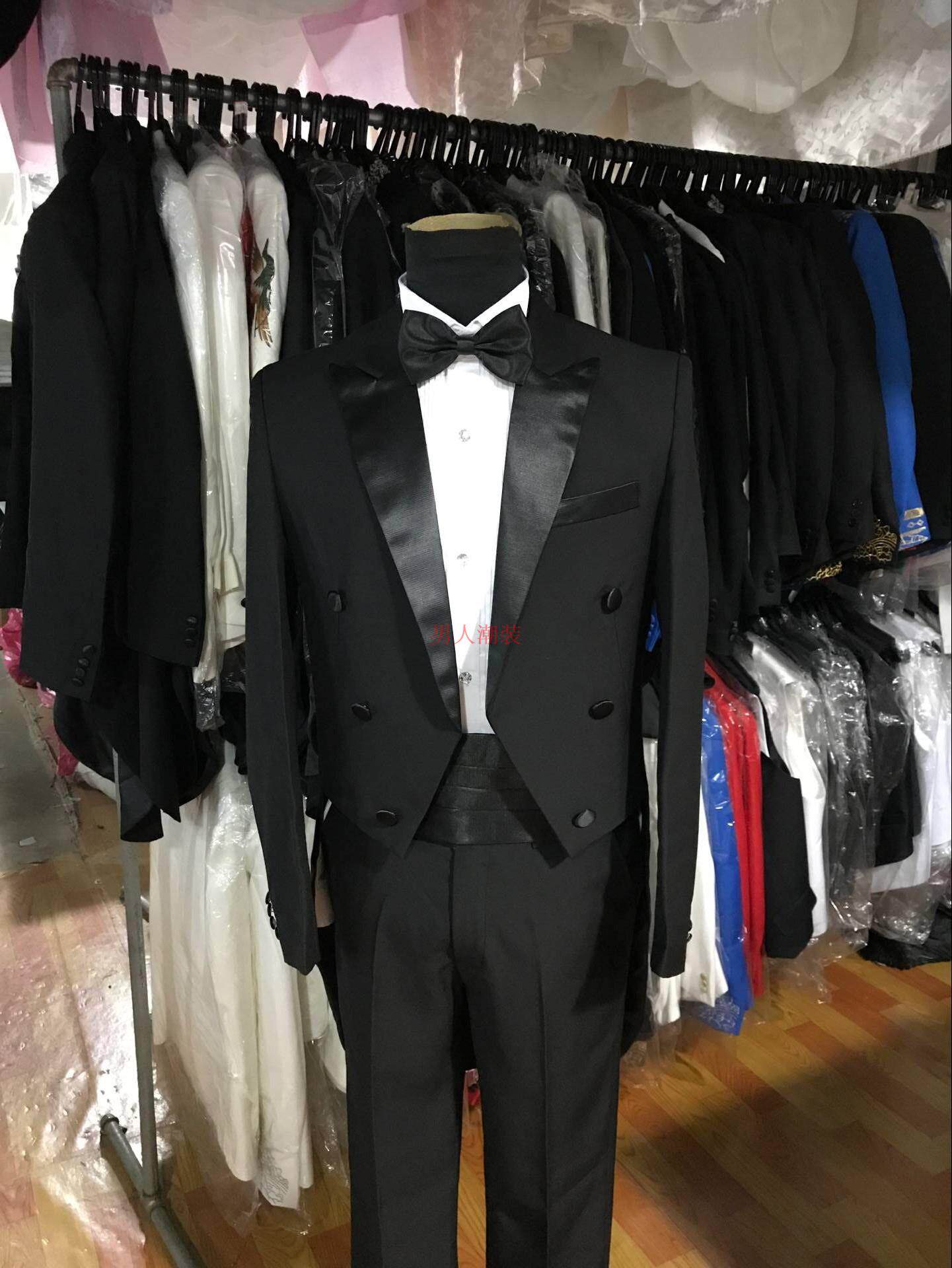 HIGH-END SERGE FABRIC MENS BLACK SLIM-FIT TUXEDO COSTUME SUIT DRESS CONDUCTOR CHORUS SUIT