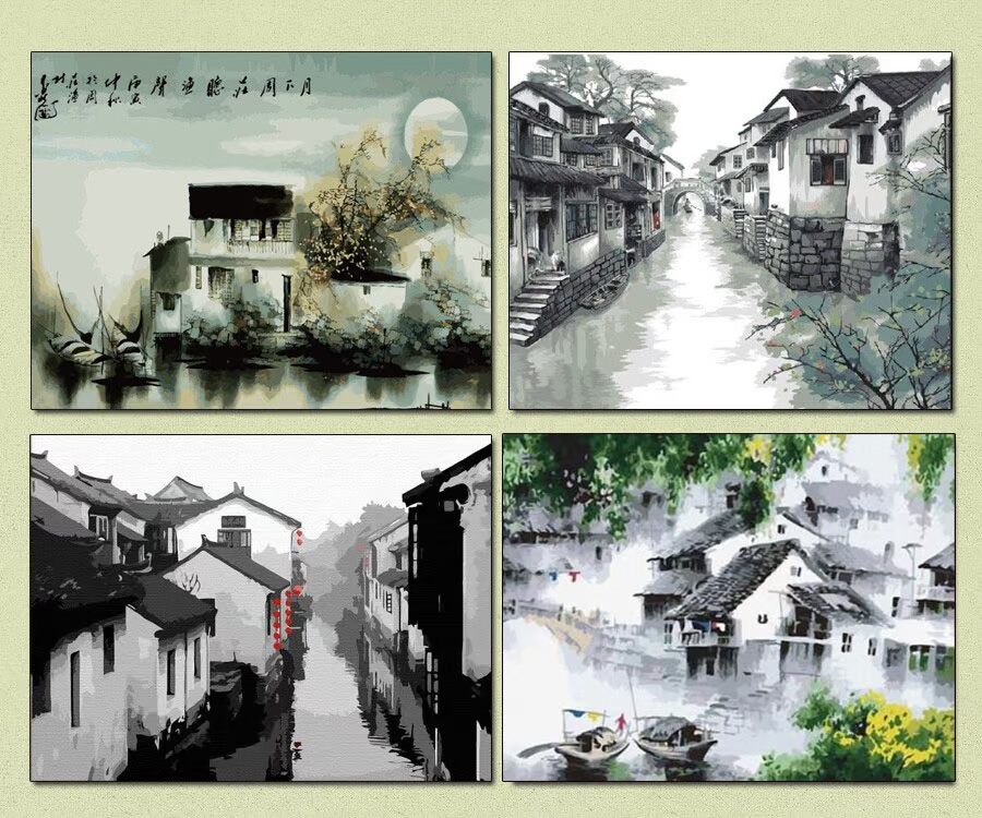 diy数字油彩画手绘江南水乡山水风景涂色国画古镇填色