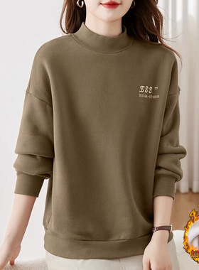 半高领卫衣女加绒加厚2025新款刺绣秋冬流行女装上衣宽松长袖保暖