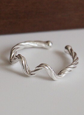 S925纯银麻花心跳开口戒指女士