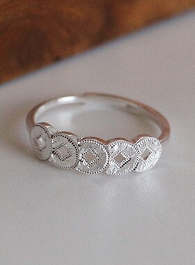 925纯银复古镂空铜钱女士戒指