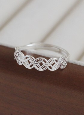 999足银铜钱开口戒指女镂空造型