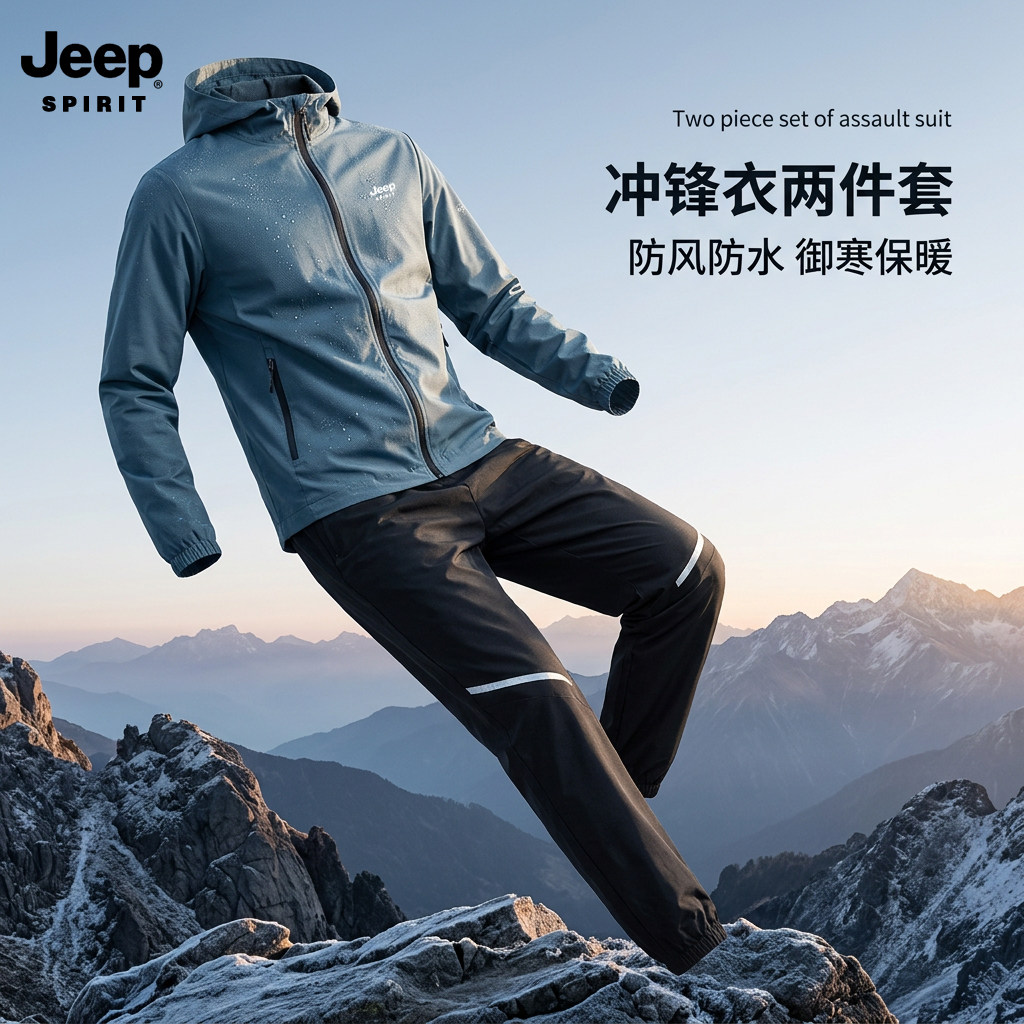 JEEP吉普运动套装男夹克防风防水开衫卫衣春秋骑行登山冲锋衣外套