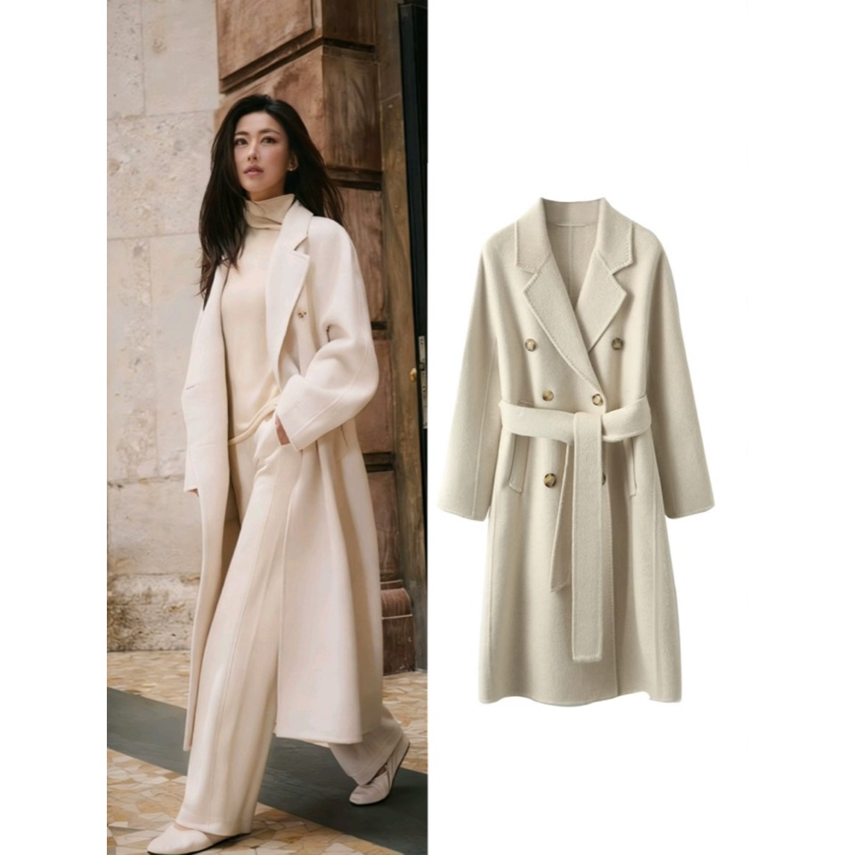 朱珠同款浅白灰双面呢大衣女2025秋冬季新款高级感中长款毛呢外套