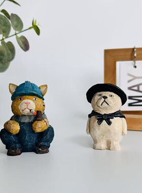 手工实木雕刻猫咪可爱桌面摆件