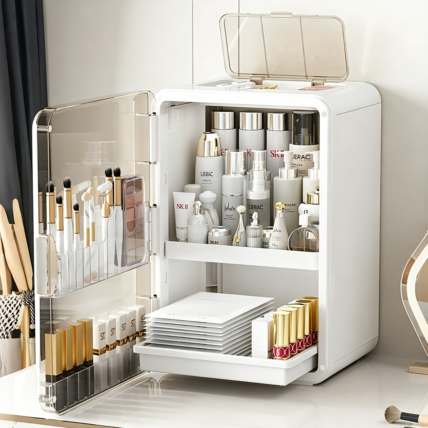 高级感化妆品收纳盒桌面置物架防尘新款护肤品化妆盒梳妆台化妆柜