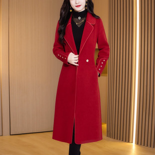 红色喜婆婆双面绒新年大衣女秋冬新款 过膝羊毛呢外套 贵夫人中长款