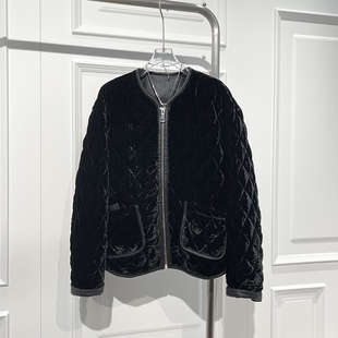 休闲风菱格真丝绒棉服外套女秋冬新款宽松显瘦百搭气质棉袄潮