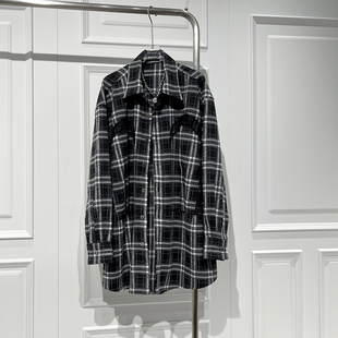 女早秋新宽松百搭上衣潮 磨毛格子衬衫 时尚 优雅知性拼蕾丝长袖