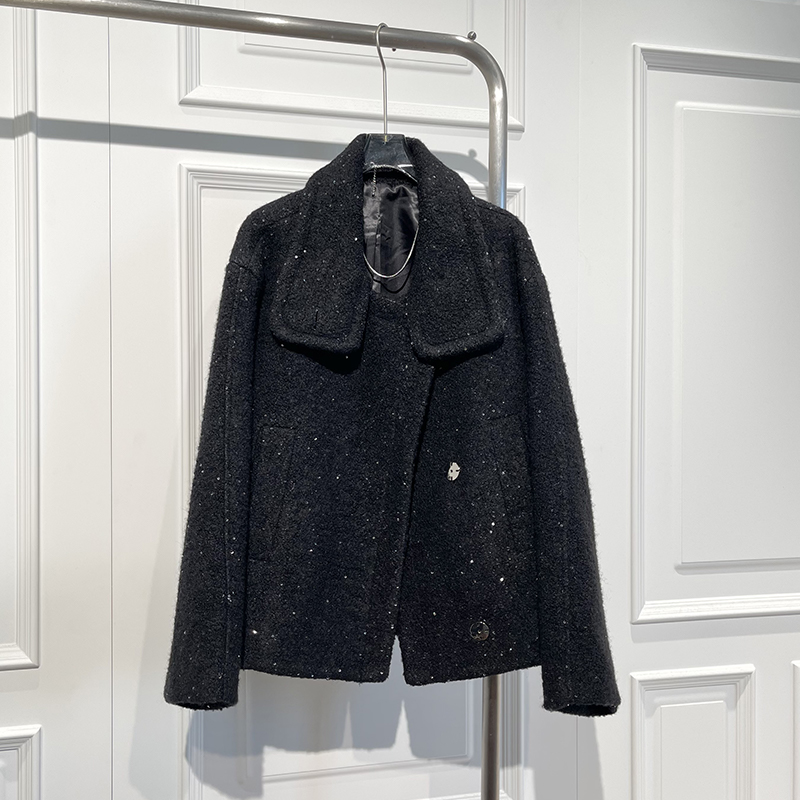 小香风亮片立领毛呢外套百搭潮