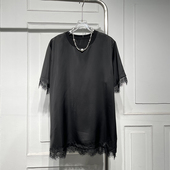 女夏新款 高级感短袖 光泽拼蕾丝醋酸衬衫 宽松显瘦舒适中长上衣