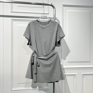 时尚 收腰显瘦百搭淑女纯色上衣 慵懒风腰带中长T恤女2025春夏新款