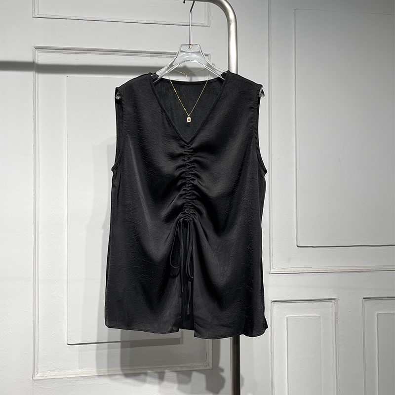 宽松通勤气质V领无袖醋酸衬衫潮