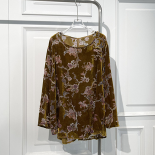 高端新中式国风印花真丝绒衬衫女2025秋新款优雅气质宽松遮肉上衣