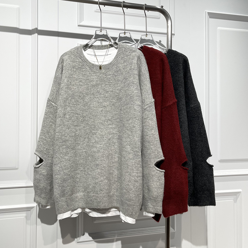 套头圆领宽松显瘦开口毛针织衫潮