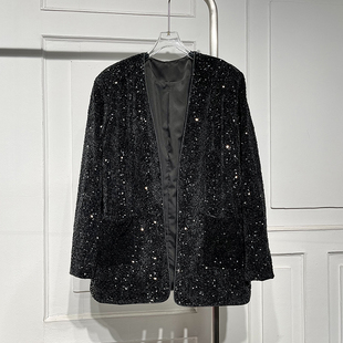 通勤气质V领无扣丝绒亮片外套女春季新款宽松显瘦高级感上衣