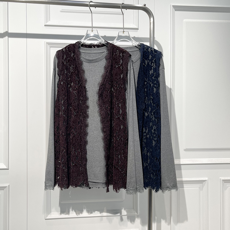 时尚慵懒风百搭蕾丝马甲长袖T恤女2025秋季新款宽松显瘦两件套潮