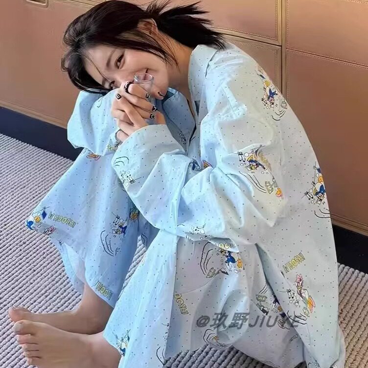 韩国东大门网红款卡通鸭子波点长袖睡衣女春夏新款家居服可外穿