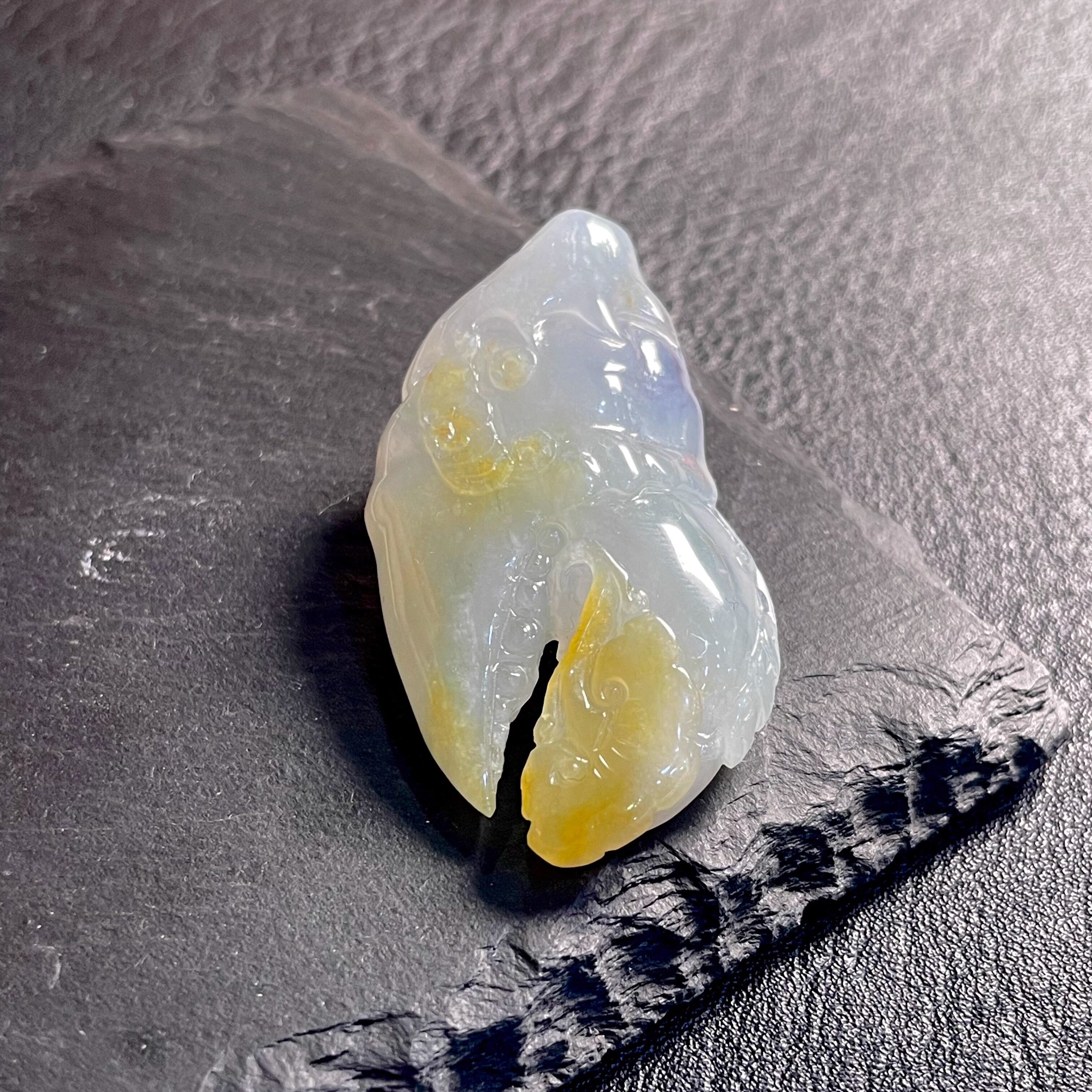 缅甸天然翡翠A货冰细糯胶感双彩黄翡雕刻事事如意蟹钳挂件玉裸石