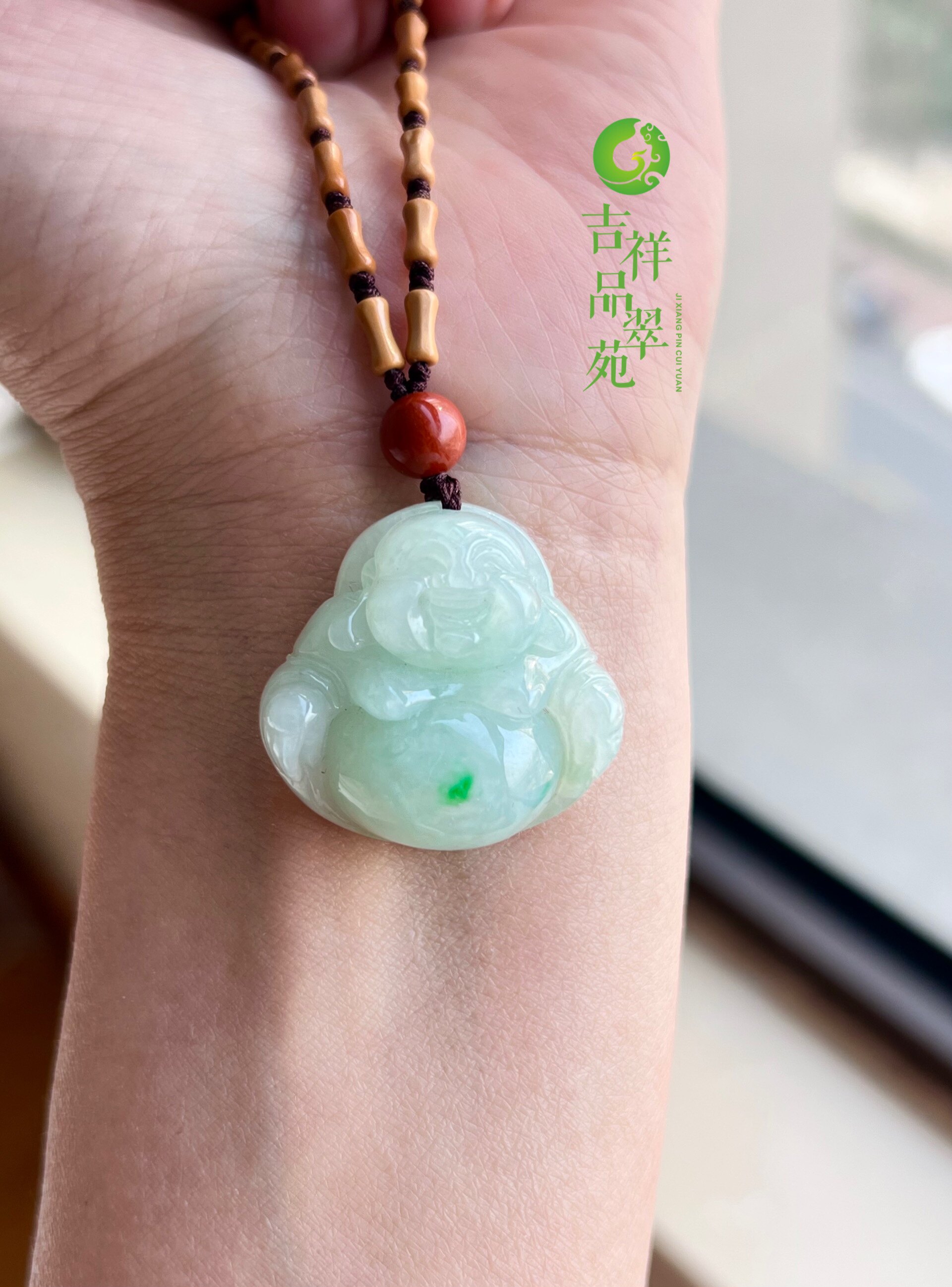 缅甸天然翡翠A货冰糯种白底阳绿翡翠弥勒佛厚装玉石精品挂件吊坠