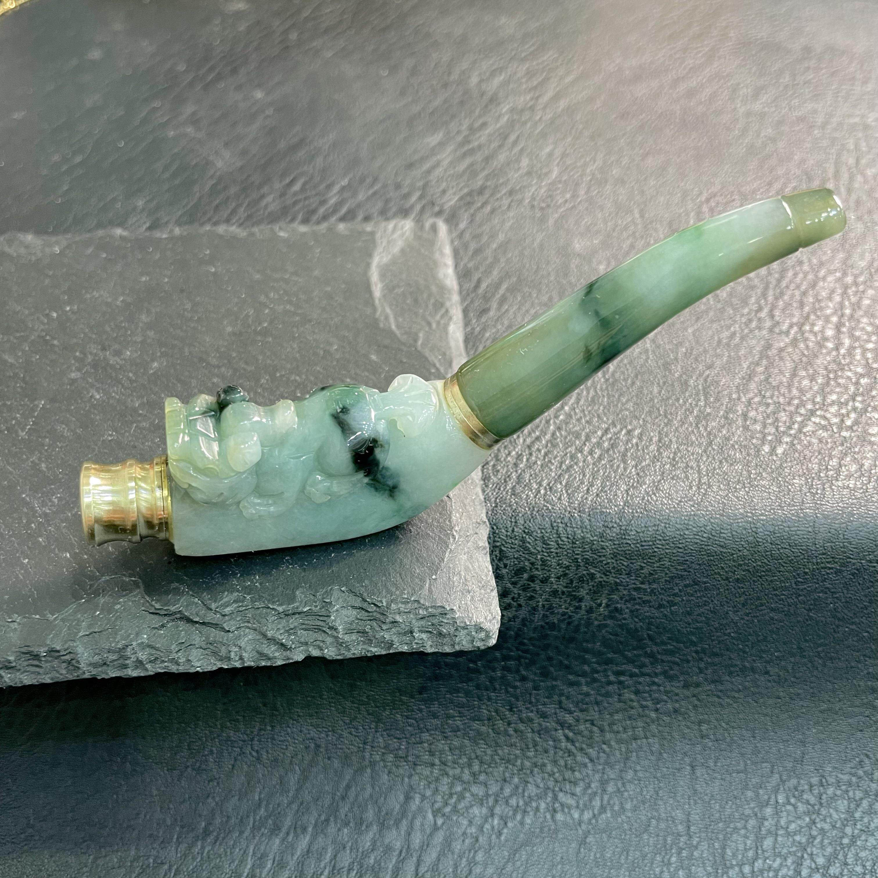 缅甸天然翡翠A货冰细糯飘花翡翠貔貅玉石烟嘴杆子精品玉石特色件