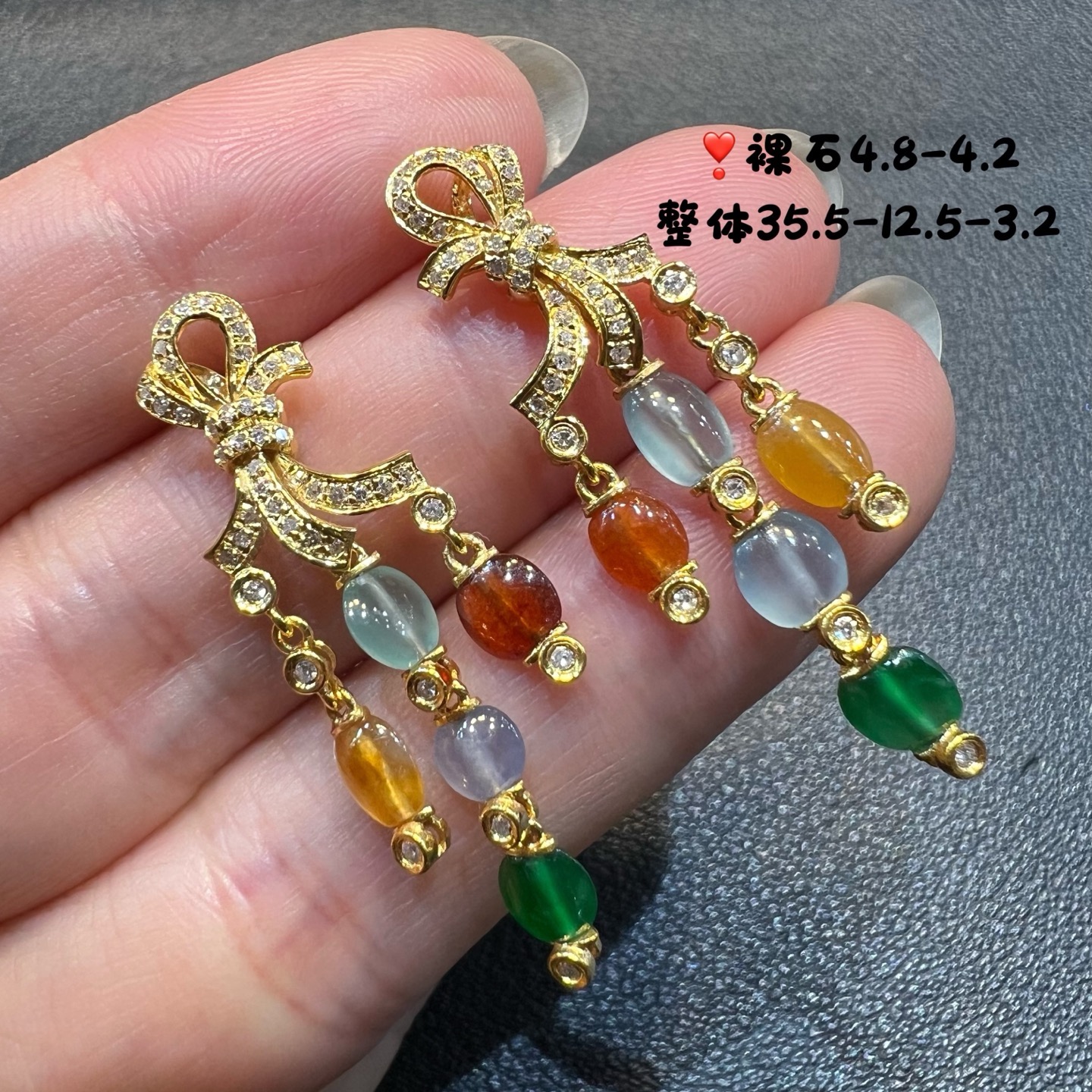 18k金钻石镶嵌冰种阳绿黄翡三彩蝴蝶结耳坠耳环精品百搭送证书