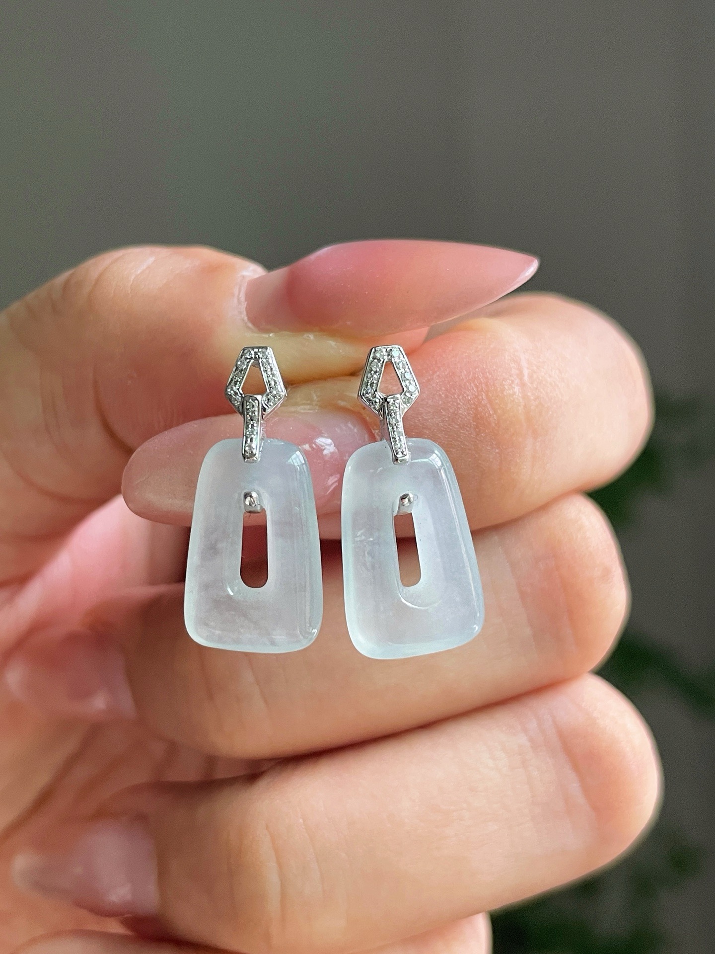 18k金镶嵌冰种起光翡翠方糖耳钉耳坠精品百搭送证书