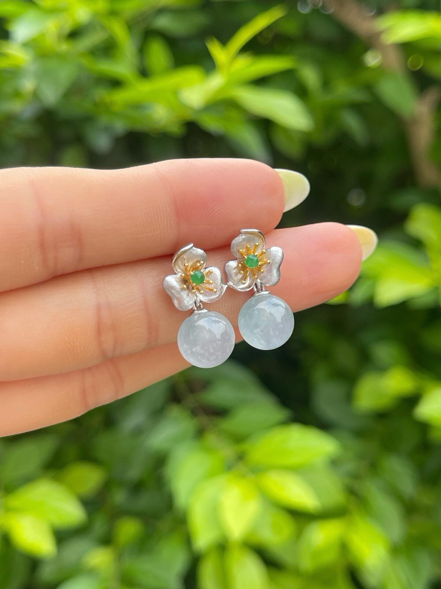 天然缅甸翡翠白冰圆珠耳钉耳坠18K金镶嵌冰珠子耳坠珠卡9.1