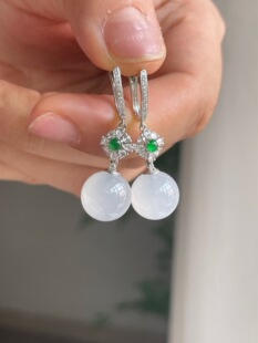 天然缅甸翡翠A货白冰圆珠耳包18K金钻石镶嵌珠子气质款 珠卡11