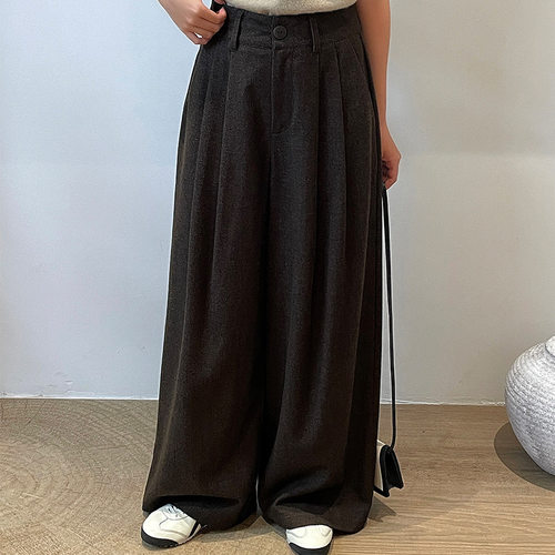 9折GN秋冬季磨毛休闲裤高腰显瘦宽松阔腿裤高个子拖地长裤西装裤