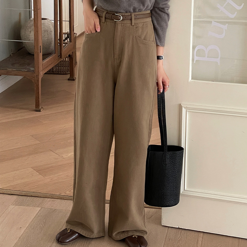 翡格依GN纯棉牛仔裤女冬高腰显瘦纯色直筒裤加绒加厚长裤送腰带