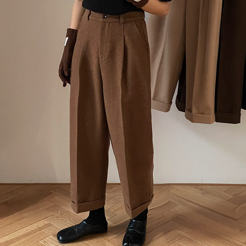 翡格依GN小个子毛呢加厚九分裤女秋冬直筒裤梨形身材小脚休闲裤