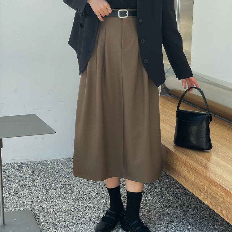 翡格依GN半身裙西装裙女秋中长裙垂顺松紧腰伞裙百褶裙送腰带