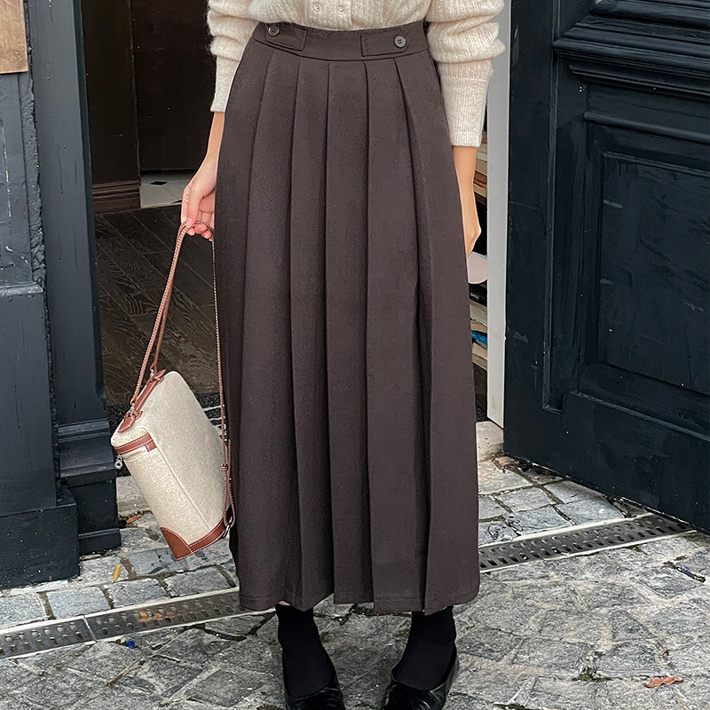 翡格依GN气质优雅半身裙女秋高腰显瘦中长裙磨毛百褶裙加厚伞裙