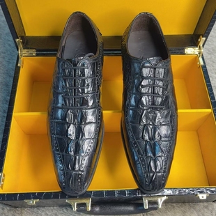 纯真鳄鱼皮鞋男士黑色商务正装尖头系带牛津鞋撤柜固特异真皮男鞋