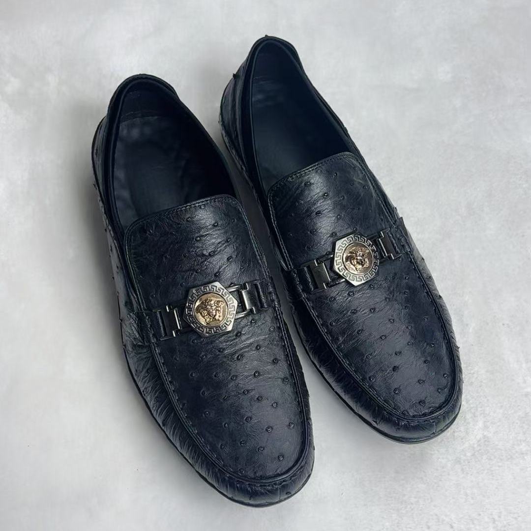 真鸵鸟皮男鞋一脚蹬豆豆鞋透气轻