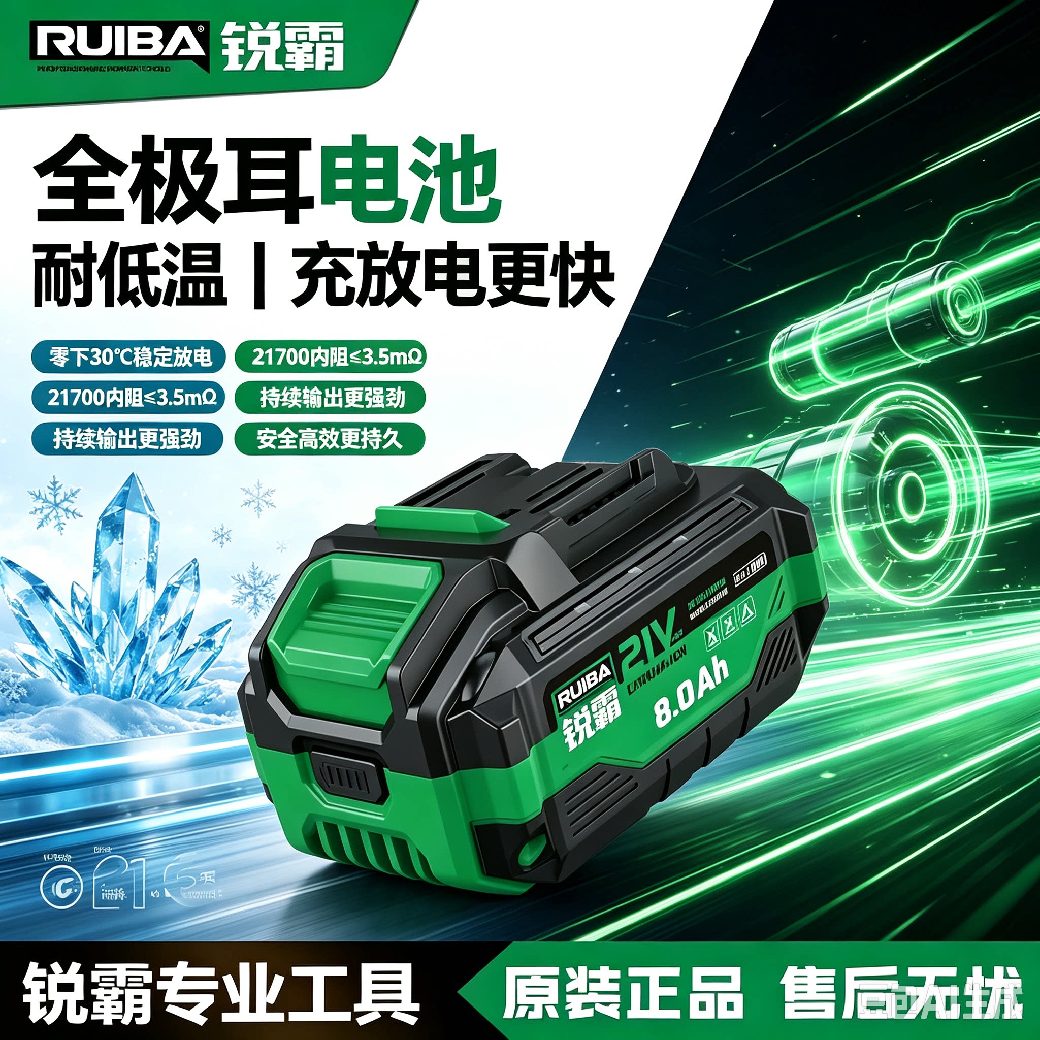 锐霸全极耳8.0AH锂电池21700电芯图片