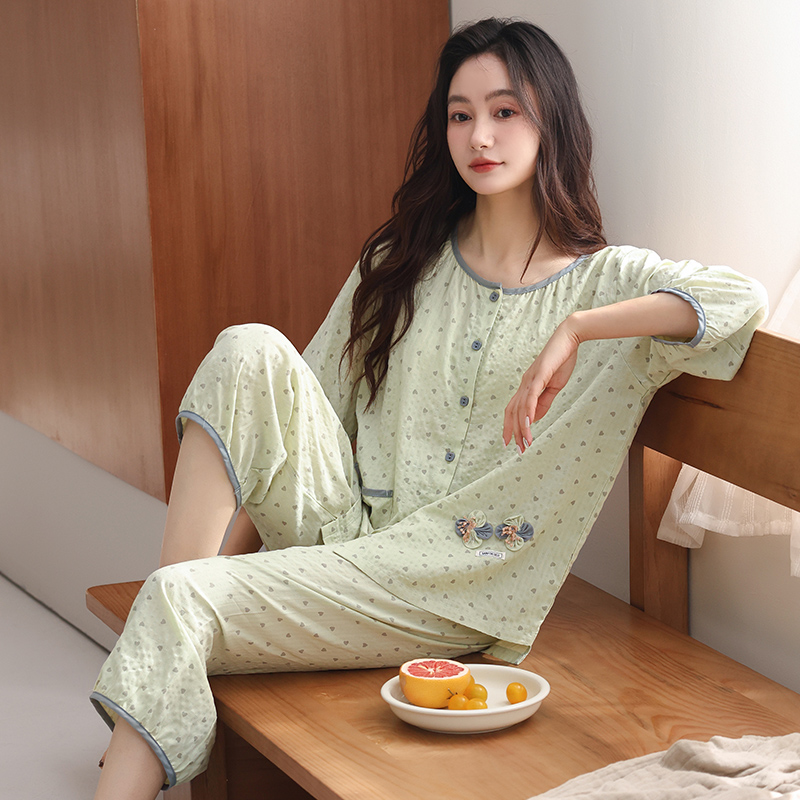 睡衣女夏季纯棉短袖七分袖九分裤夏天舒适全棉大码薄款家居服套装