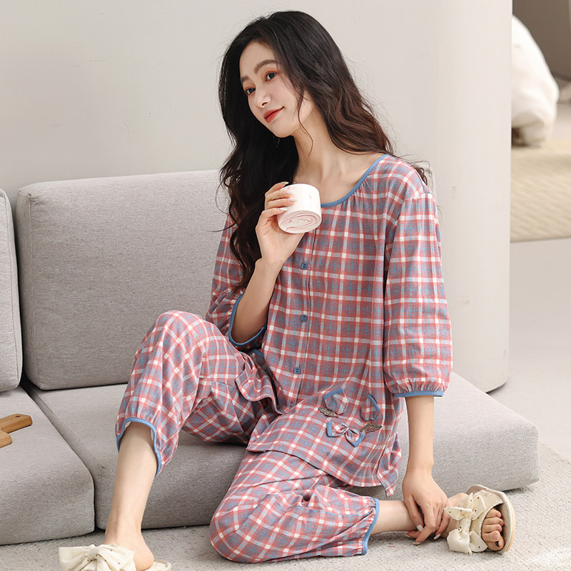 100%纯棉睡衣女夏季短袖七分袖九分裤大码全棉夏天薄款家居服套装