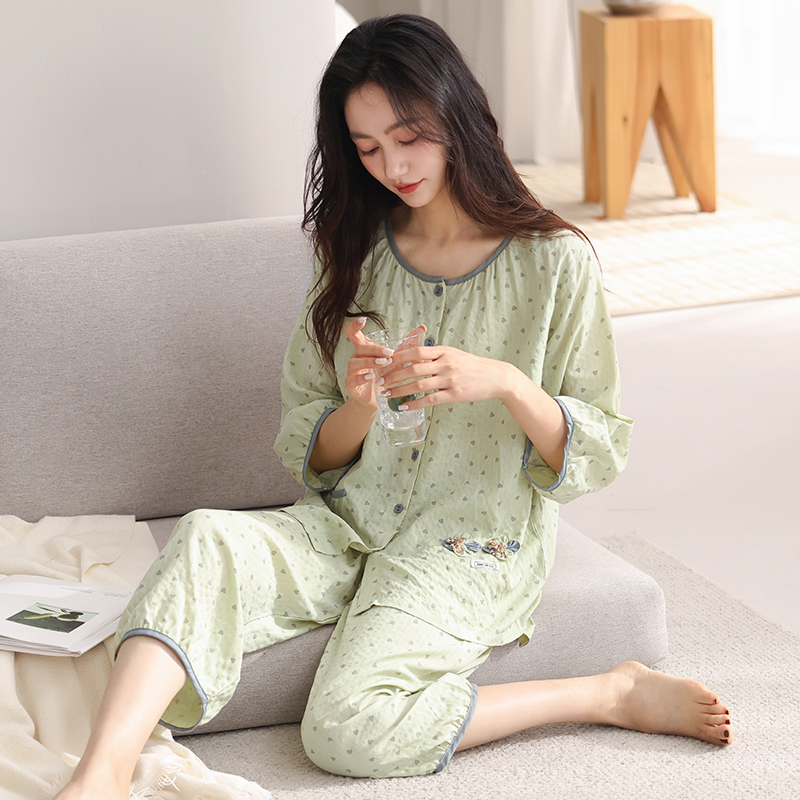 100%纯棉七分袖夏天睡衣女夏季短袖九分裤大码宽松全棉家居服套装